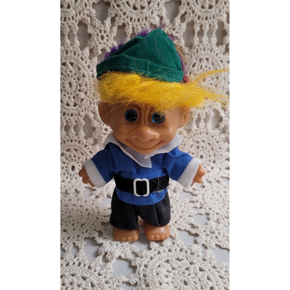Pilgrim doll troll. Yellow hair green hat blue outfit
